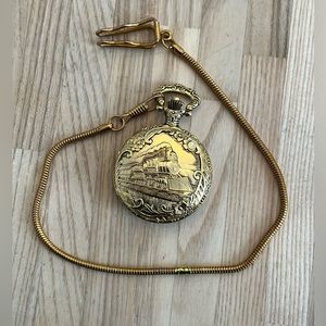 Infinity Train Pocket Watch Beautiful Gold-Tone Case and Chain White Dial
